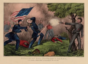 1861年10月21日、パブのバージニア州リーズバーグ近くのボールブラフの戦いでのエドワードベイカー大佐の死。 Currier＆Ives、1861年頃