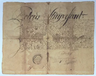 1664年5月15日、ニューオランダ総督のPeter Stuyvesantが署名した証書