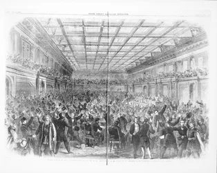 1865年1月31日、奴隷制度を永久に廃止する修正案の可決を発表した下院でのエキサイティングなシーン（1865年2月18日付「Frank Leslie