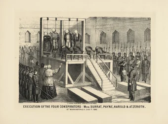 4人の共謀者の処刑：1865年7月7日、ワシントンDCでのサラット、ペイン、ハロルド、アゼリス夫人、パブ。 1865年
