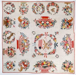 旗と花の掛け布団、1860年頃（綿）