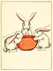 Flopsy、Mopsy、Cotton-Tailは、夕食にパンとミルクとブラックベリーを食べた（1916年）。
