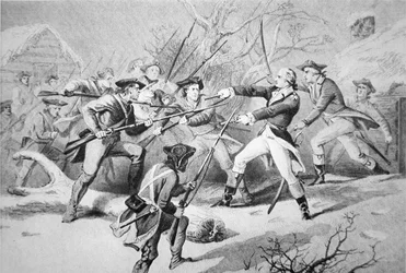1781年元旦、モリスタウンからペンシルバニア軍の反乱を鎮めようとするアンソニー・ウェイン将軍(リトグラフ)