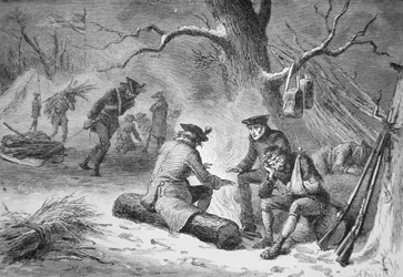 バレーフォージでのジョージ・ワシントンの連帯軍、1777-78年冬(リトグラフ)
