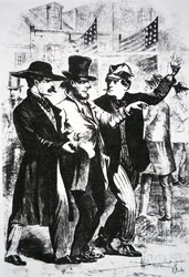 1864年の選挙で有権者に酒を飲ませて投票に影響を与えようとした（彫刻）