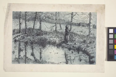 Girl By Pond (gravura e tom da placa impressos em azul)