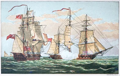 1812年戦争中の1813年、HMSシャノン号とアメリカのチェサピーク号の戦い（カラーリトグラフ