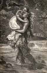 ハイアワサとミネハハ、1855年に書かれたヘンリーワズワースロングフェロー（1807-82）による詩「ハイアワサ」のイラスト