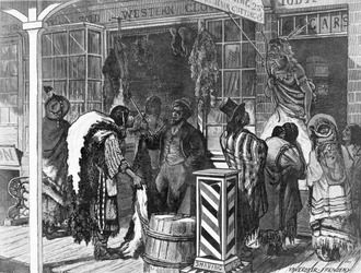 1875年11月13日「ハーパーズウィークリー」からのフロンティアタウンでのインディアンの取引