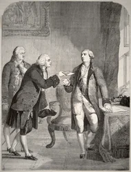 ジョージ3世（1738-1820）に信任状を提出する第一次アメリカ大使ジョン・アダムス（1735-1826）（リトグラフ