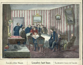 リンカーンの最期の時、pub.1865年（手彩色の彫刻）。