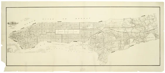 メトロポリタン消防署長官の指導の下で作成されたニューヨーク市の地図。メトロポリタン消防署とメトロポリタン警察署が所有および使用している建物の場所を示しています。