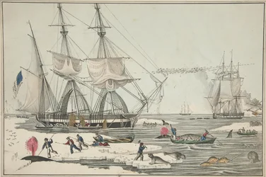 北海のクジラ漁、パブ。1860年（カラーリトグラフ