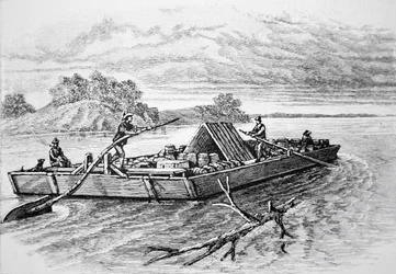 ミシシッピ川のパイオニア・フラットボート（1840年頃）（彫刻