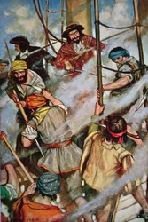 被害者船に乗り込む海賊（カラーリトグラフ