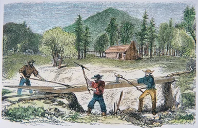 1849年のカリフォルニア・ゴールドラッシュで水門を使う探鉱者たち（カラーリトグラフ
