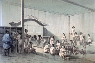 シモダの大浴場、1856年（着色されたアクアチント）