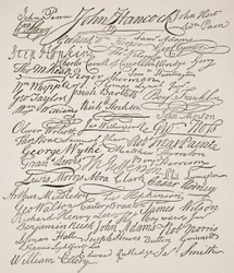 独立宣言への署名、1776年、イングランドのカッセルズイラストレイテッドヒストリーからのイラスト（セピア写真）