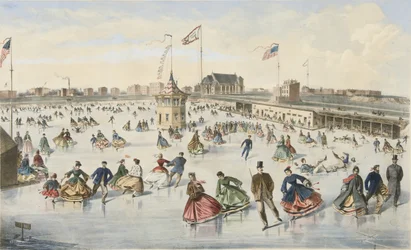 ユニオン・ポンドでのスケート、パブ。1863年（カラーリトグラフ