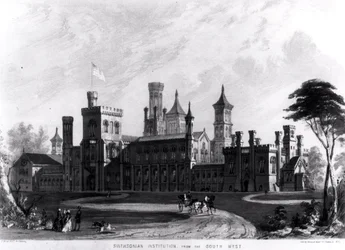 1849年にサロニーウントメジャーによって彫刻されたロバートD.オーウェンによる「公共建築のヒント」からの南西部のスミソニアン協会