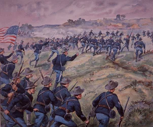 米西戦争1898年、キューバのサンファン・ハイツを襲撃するアメリカ軍（カラーリトグラフ