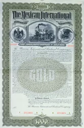 メキシコ国際鉄道会社のための1000ドルの標本債券証明書、1897年
