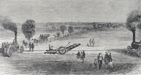 パターソンの農場で蒸気プラウ、1869年の「ハーパーズウィークリー」からのイラスト