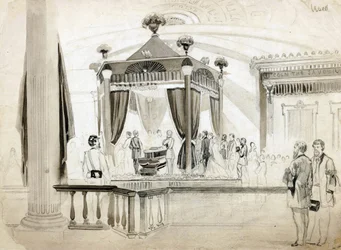 イリノイ州スプリングフィールドの葬儀用カタファルク、1865年のフランクレスリーイラストレイテッド新聞のイラスト（鉛筆、インク、紙に洗う）