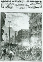グレートストライク：1877年8月11日の「ハーパーズウィークリー」から、ボルチモアを駆け抜ける第6メリーランド連隊