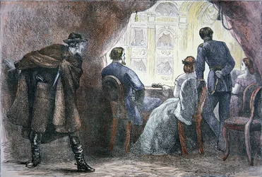 フォード劇場のボックス席でのエイブラハム・リンカーン（1809-65）暗殺、1865年4月14日