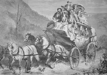 1860年代にコンコード駅馬車でアメリカ西部を旅したときの様子（版画