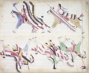 家に帰る戦争党、Black Horse Ledger、1877-79年のイラスト（紙に鉛筆とクレヨン）