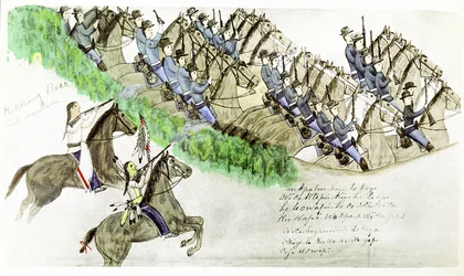1876年6月25日、モンタナ州リトル・ビッグ・ホーン川の戦いの始まり。平原インディアンとアメリカ騎兵隊。スー族インディアンAmos Bad Heart Buffaloの絵より。