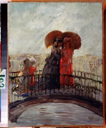 雨の中（雨の中）。 アナトリー・アファナシエビッチ・アラポフ (1876-1949) の絵画。 キャンバスに油彩、36 x 28 cm
