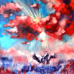 二羽の鶴、赤い雲