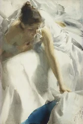 "(Awakening, Boulevard Clichy, Paris) Jeune fille en neglige - Watercolour by Anders Leonard Zorn (1860-1920) 1892 コレクション・プライヴェート