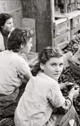 クルミの殻を剥く少女の笑顔、イタリア、ナポリ、クアグリーノ、1955年頃（モノクロ写真）