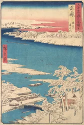 降雪後の朝、武蔵国、隅田川 、シリーズ Views o... から、ca. 1853年。