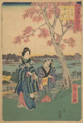 1854年「F...での年中行事」シリーズより隅田川での3月の梅の花見.