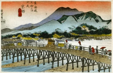 地理。日本橋（55合目）の朝焼け。広重の木版画：東海道五十三次』（1833-1834）所収。1900年頃、日本、絵葉書。