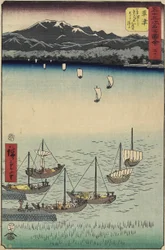 53、草津の草津海岸の八橋フェリーゲートでのセーリングボート、1855