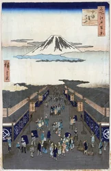 『名所江戸百景』（現在の東京都）：駿河町の眺め（駿河町、駿河町）。 富士山を背景にした日本の東京の街の眺め。 （駿河町（名所江戸百景））歌川広重（1797-1858）による日本版画