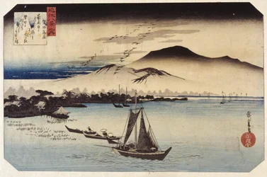 堅田で降りる雁（カラー木版画）