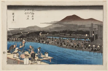 四条の河原で夕涼み。(四条河原の夕涼み」（カラー木版画