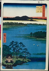 日本版画: 井の頭湖畔の弁天神社 (東京、日本) 名所江戸百景シリーズ (井の頭池の弁天神社、名所江戸百景) - 歌川広重 (1797-1858) 作、木版画（39x26cm