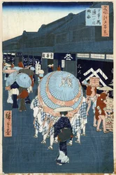 日本の木版画: 日本橋通り (東京、日本) のメインストリートの眺め。 名所江戸百景シリーズ。 （日本橋通一丁目の眺め 名所江戸百景）。 歌川広重（1797-1858）の作品、木版画
