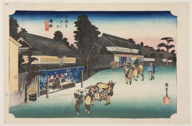 鳴海。名物有松絞り（鳴海、名物有松絞り）（カラー木版画