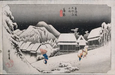 夜の雪、神原、シリーズ「東海道五十三次」、イラスト1834-35