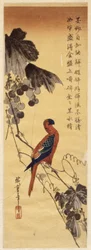 オウムとブドウの木 (カラー木版画)