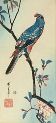 枝のオウム（木版画）